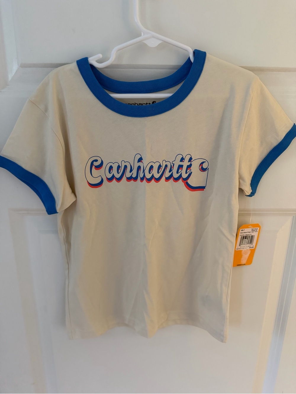 Carhartt Girls Ringer Logo T-Shirt Cream Blue XS 7 NWT